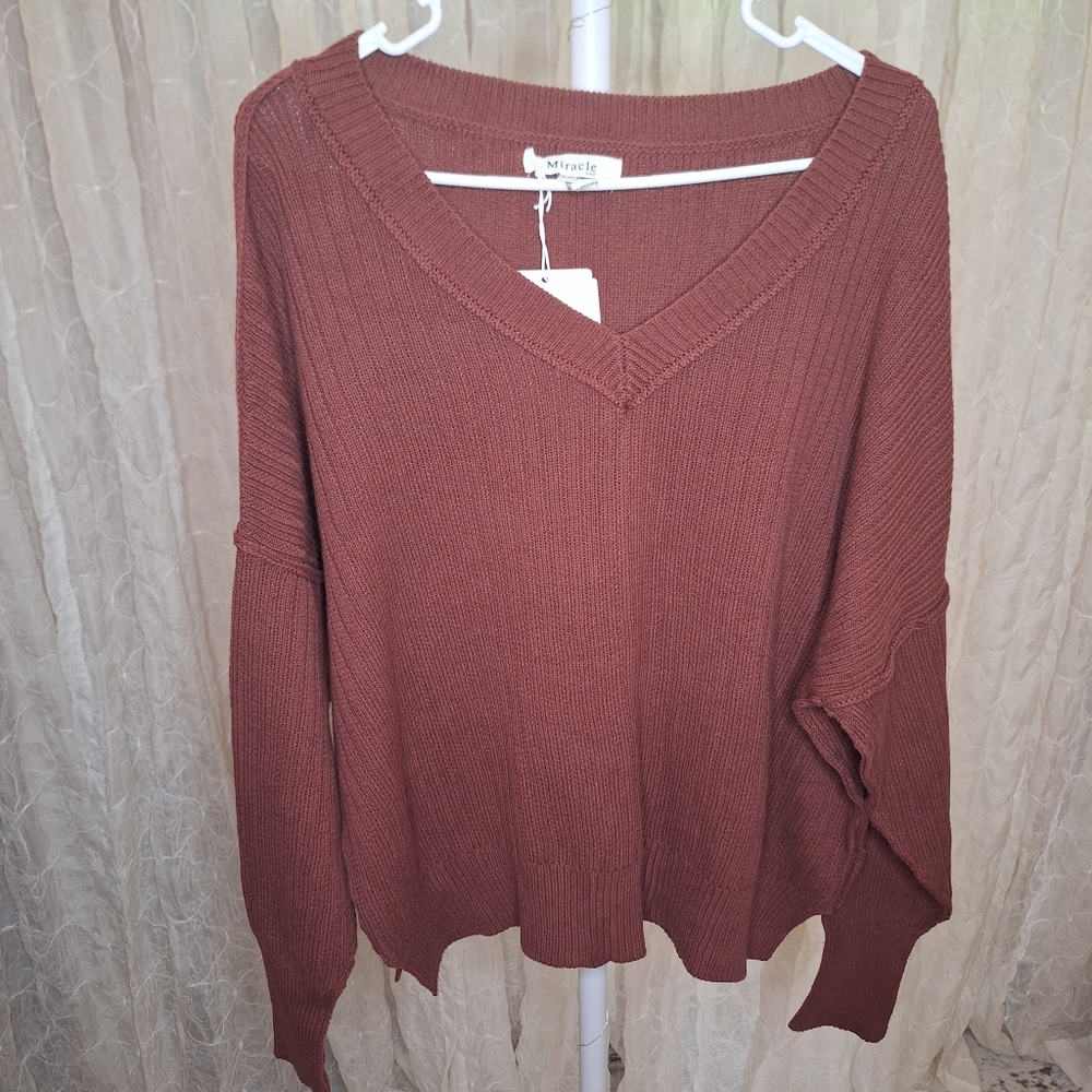 Miracle Fashion Mauve Brown V-Neck Knit Oversized Sweater 100% Cotton Boutique